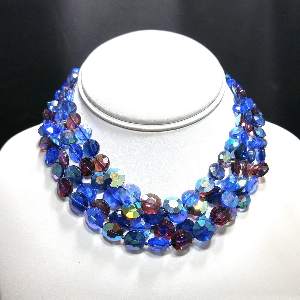 Vintage Blue Purple AB Crystal 4 Strand Choker Necklace 1950s